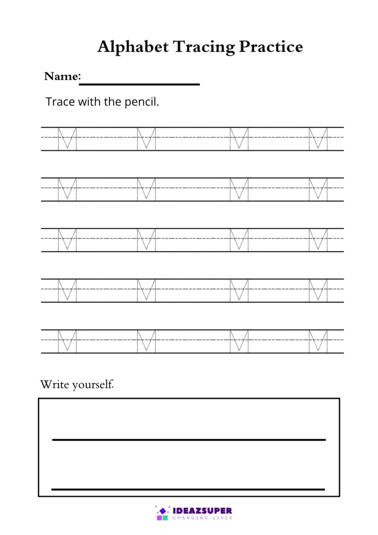 Capital letter M tracing worksheet – trace M on the lines, then write it yourself