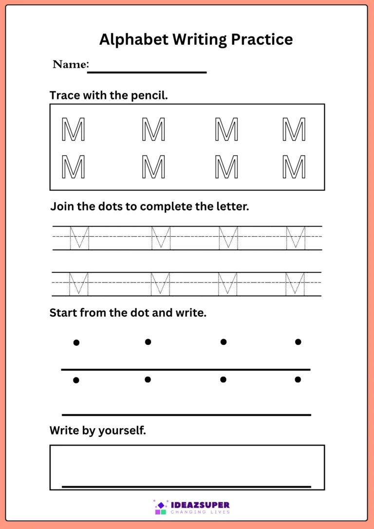 Capital letter M writing practice – trace M, join the dots, then write it by yourself
