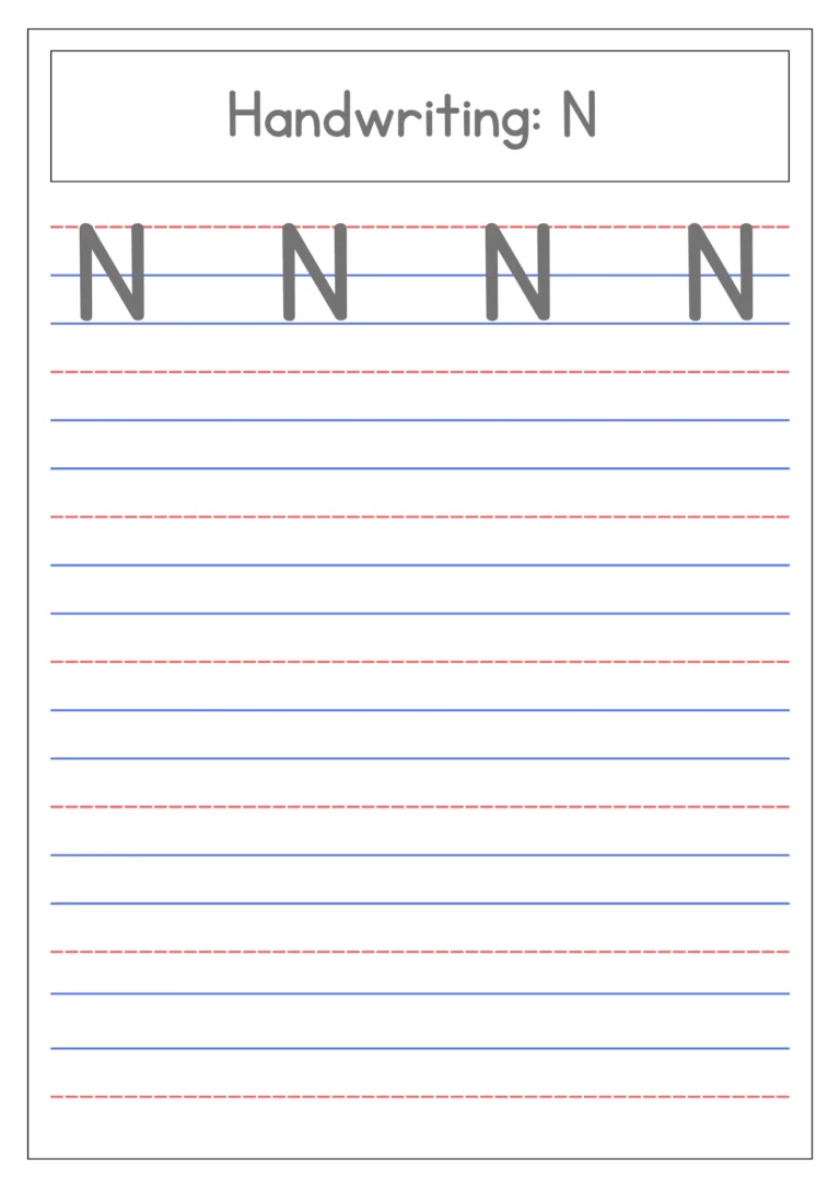 Capital letter N handwriting practice on four-line paper