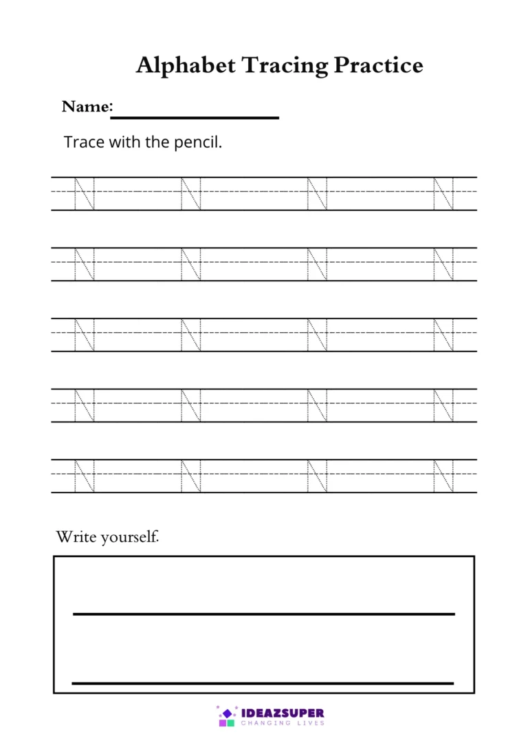 Capital letter N tracing worksheet – trace N on the lines, then write it yourself