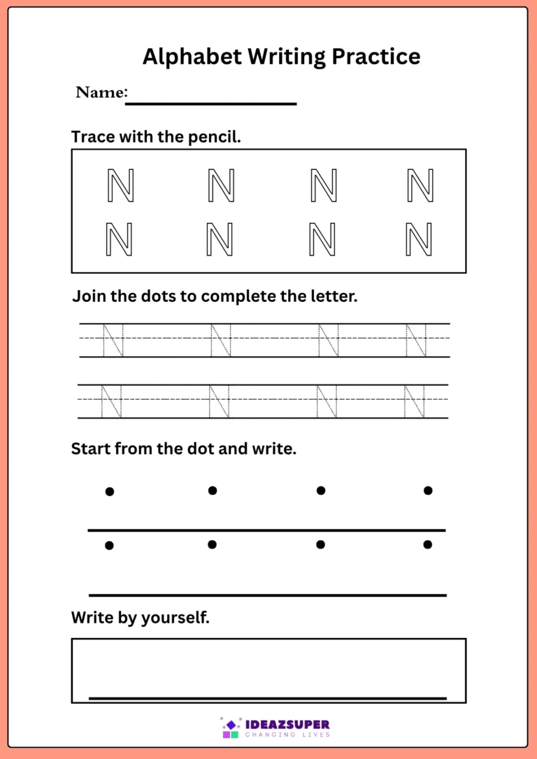 Capital letter N writing practice – trace N, join the dots, then write it by yourself