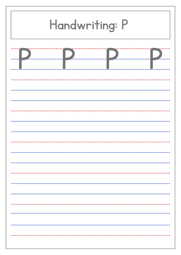 Capital letter P handwriting practice on four-line paper