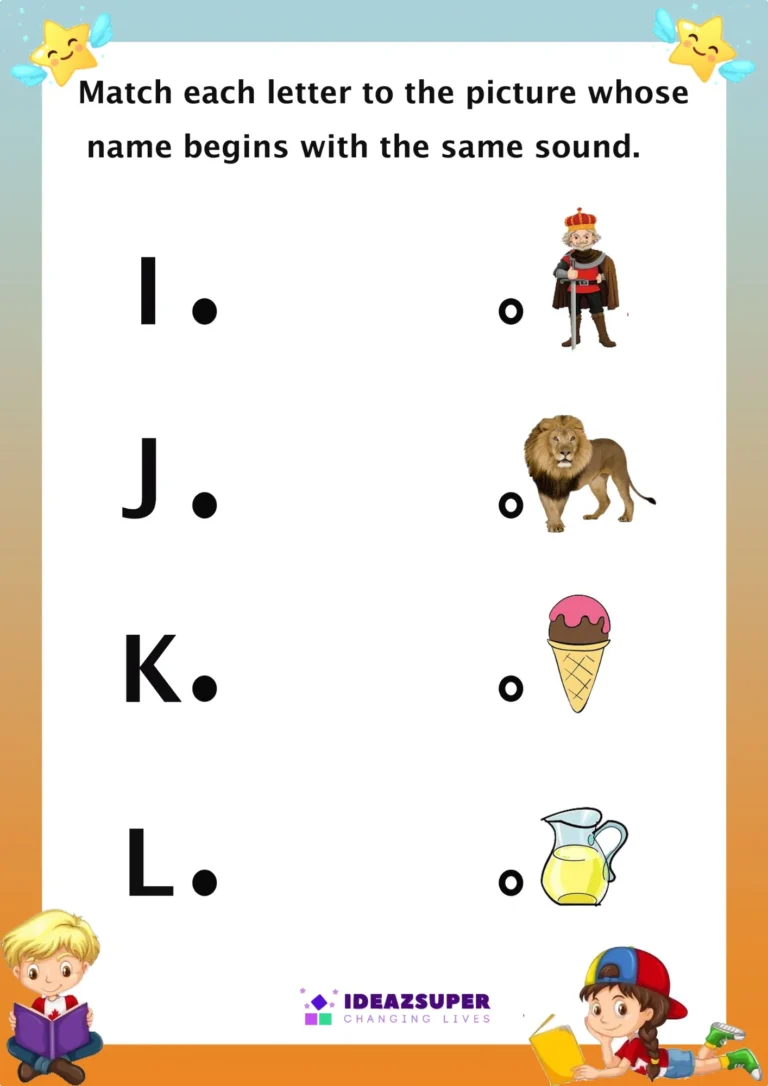 Beginning sounds worksheet – match capital letters I–L to pictures that start with each sound