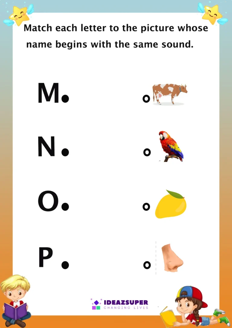 Beginning sounds worksheet – match capital letters M–P to pictures that start with each sound