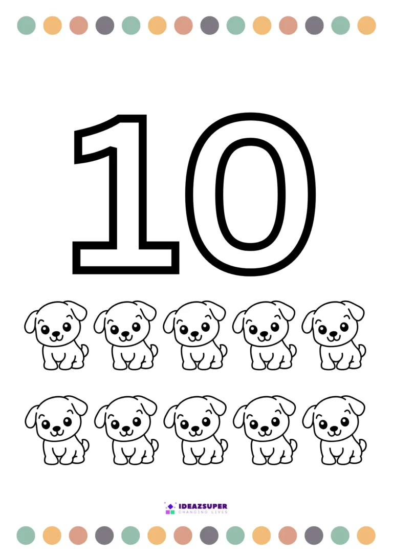 Number 10 colouring page for preschool – colour the big numeral 10 and 10 puppies