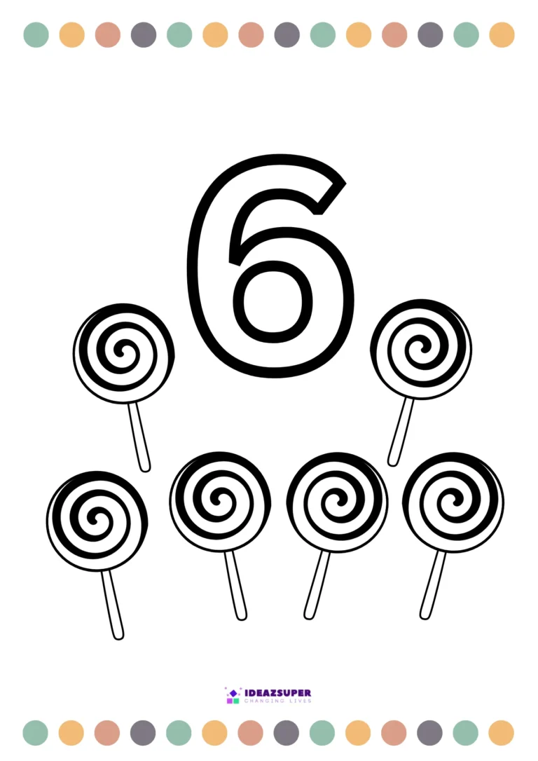 Number 6 colouring page for preschool – colour the big numeral 6 and 6 lollipops