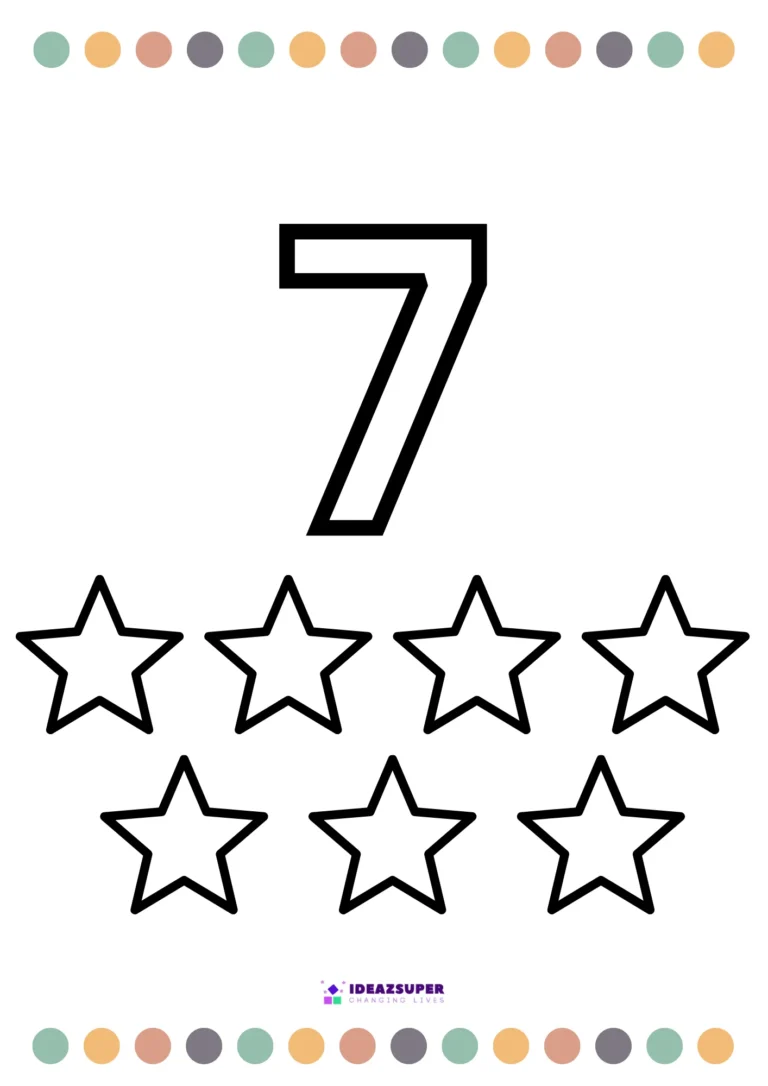 Number 7 colouring page for preschool – colour the big numeral 7 and 7 stars