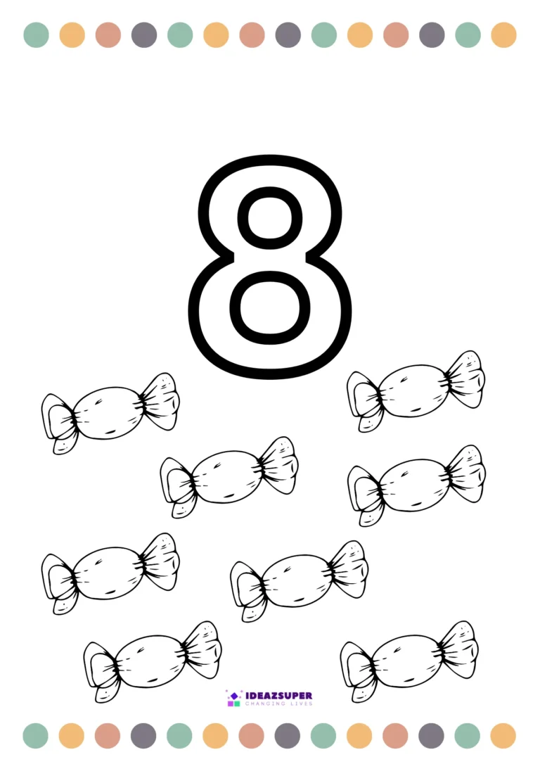 Number 8 colouring page for preschool – colour the big numeral 8 and 8 sweets