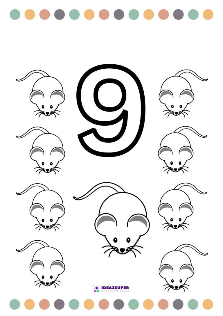 Number 9 colouring page for preschool – colour the big numeral 9 and 9 mice