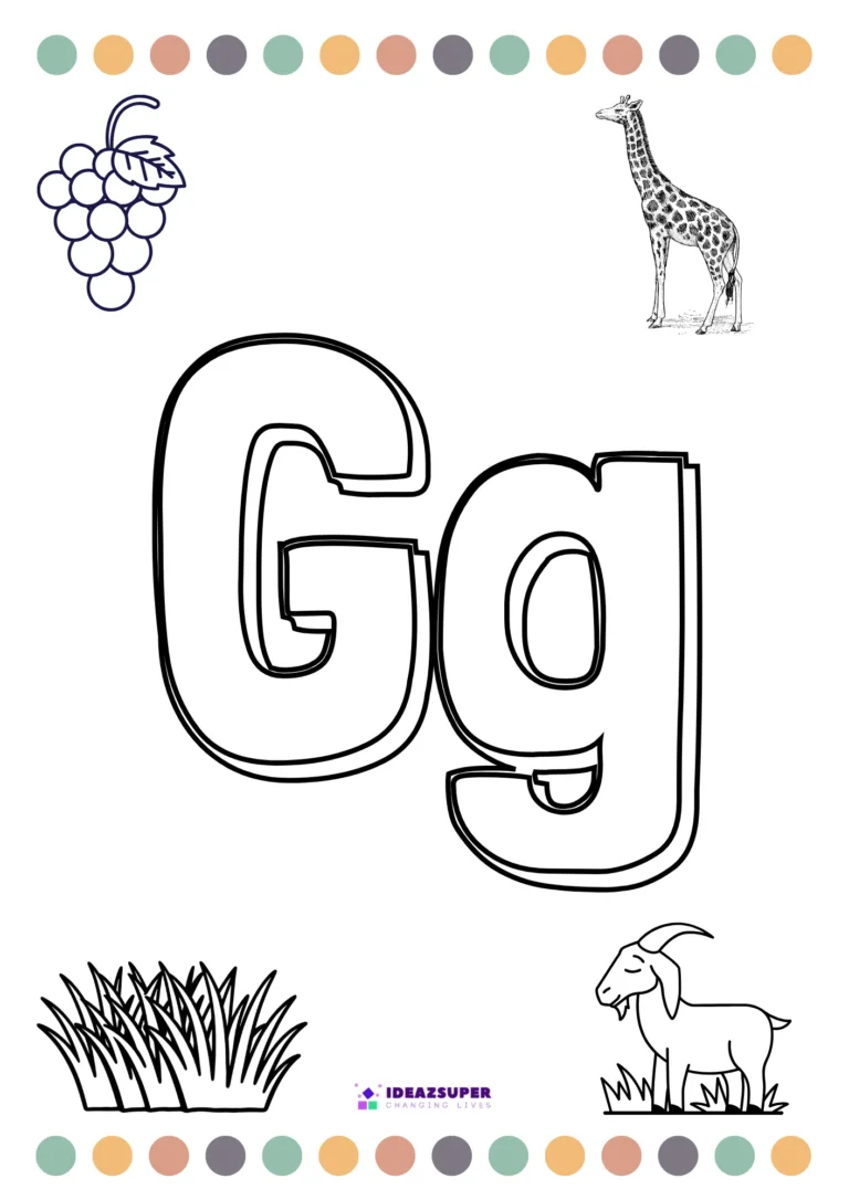 Letter G colouring page – colour the big Gg and pictures that begin with G