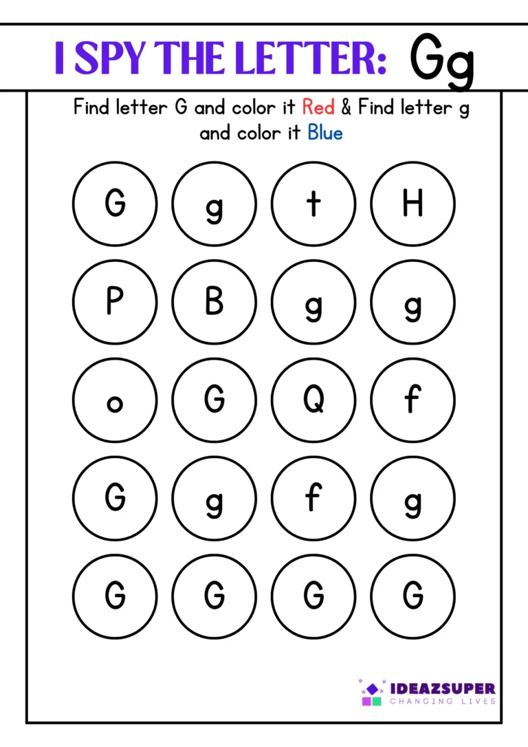 Letter G "I Spy" worksheet – find capital G and small g and colour them