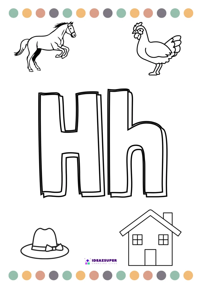 Letter H colouring page – colour the big Hh and pictures that begin with H