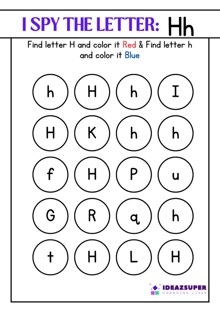 Letter H "I Spy" worksheet – find capital H and small h and colour them