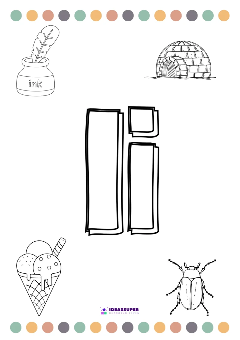 Letter I colouring page – colour the big Ii and pictures that begin with I
