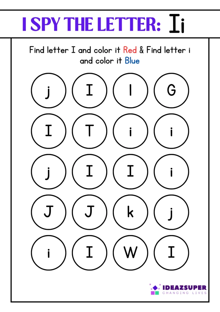 Letter I "I Spy" worksheet – find capital I and small i and colour them