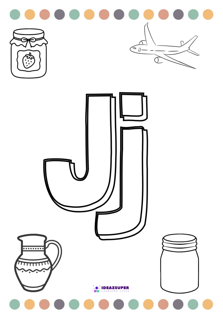 Letter J colouring page – colour the big Jj and pictures that begin with J