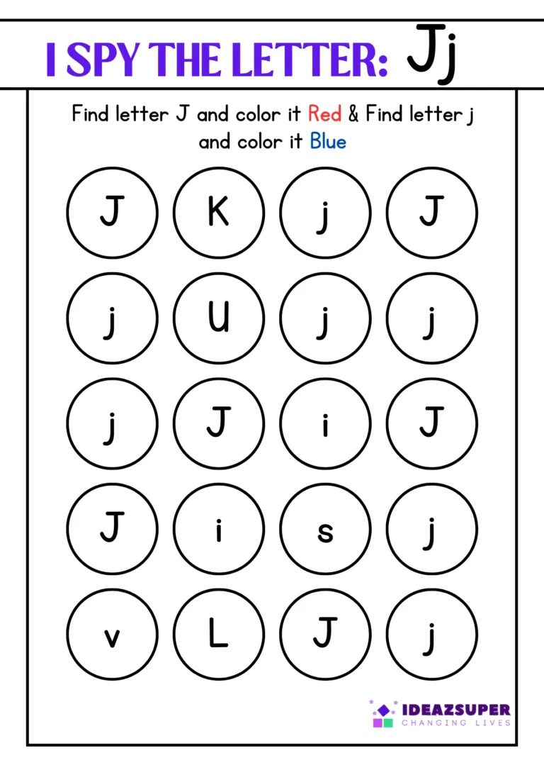 Letter J "I Spy" worksheet – find capital J and small j and colour them
