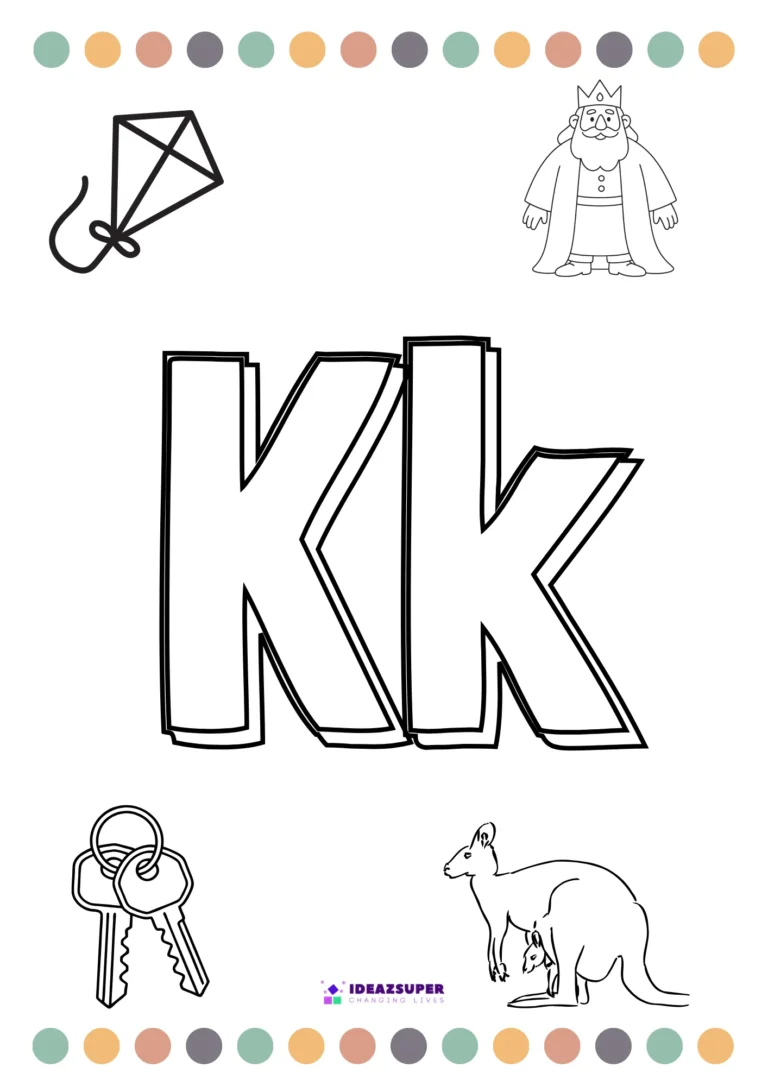 Letter K colouring page – colour the big Kk and pictures that begin with K