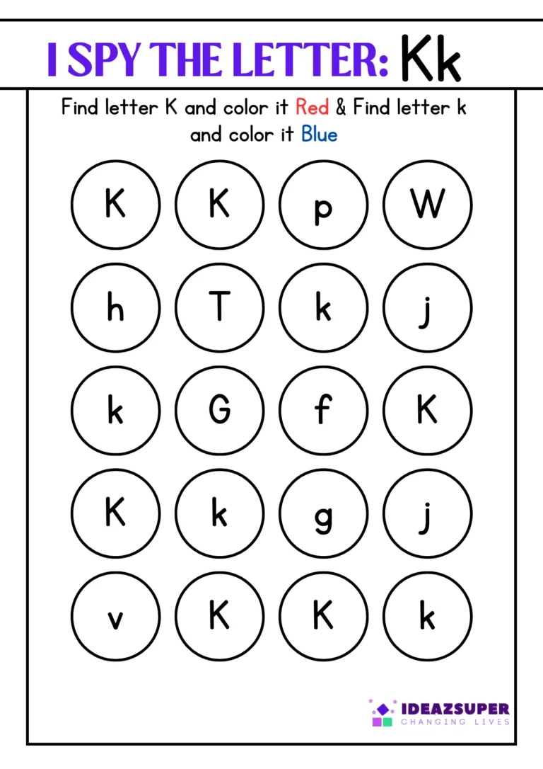 Letter K "I Spy" worksheet – find capital K and small k and colour them