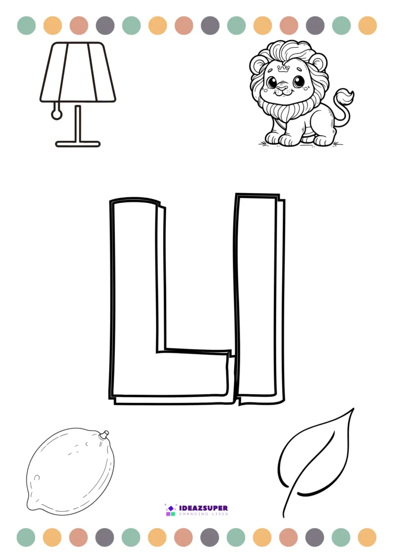 Letter L colouring page – colour the big Ll and pictures that begin with L