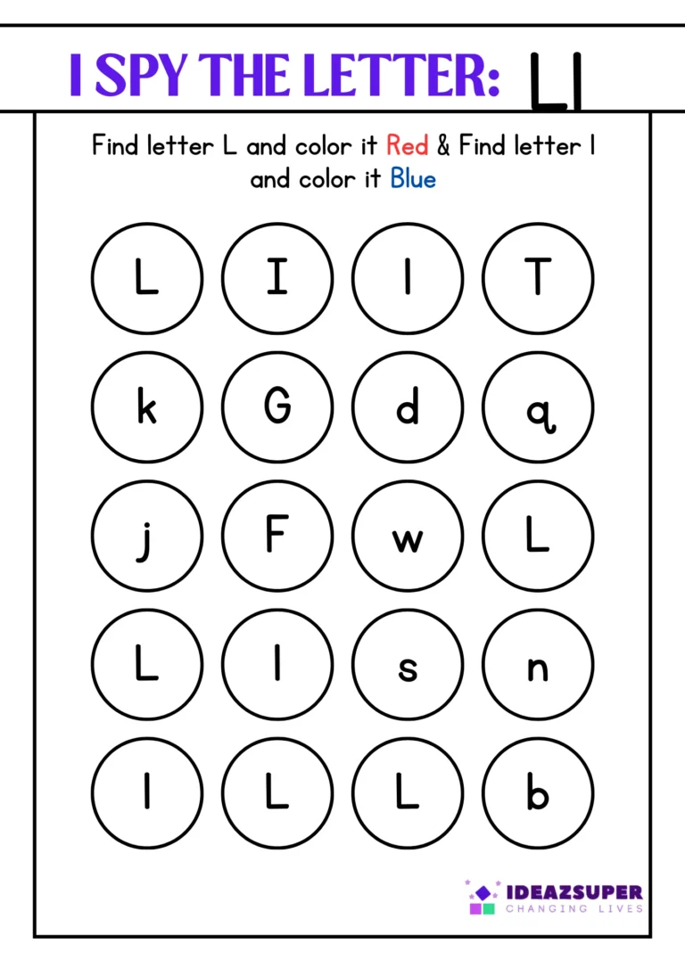 Letter L "I Spy" worksheet – find capital L and small l and colour them