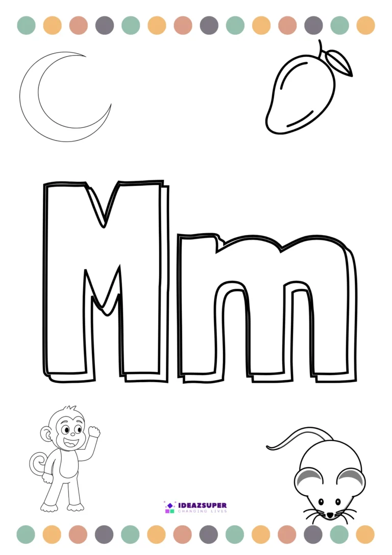 Letter M colouring page – colour the big Mm and pictures that begin with M