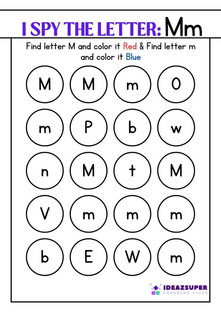 Letter M "I Spy" worksheet – find capital M and small m and colour them