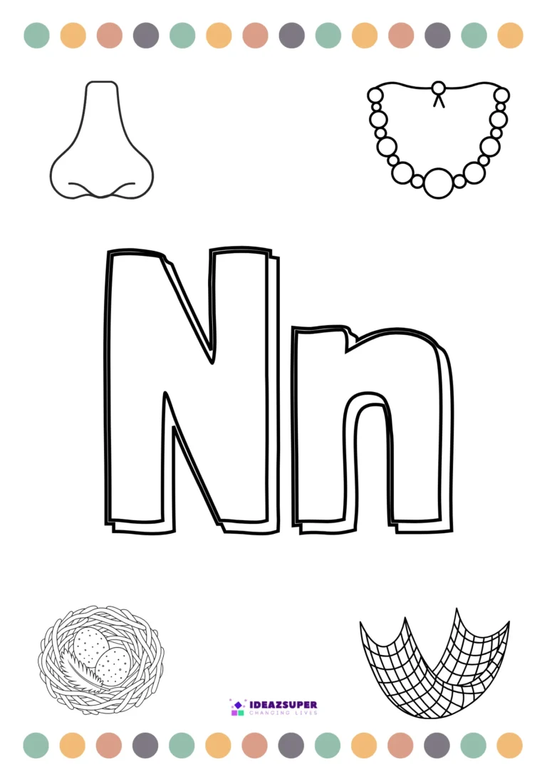 Letter N colouring page – colour the big Nn and pictures that begin with N