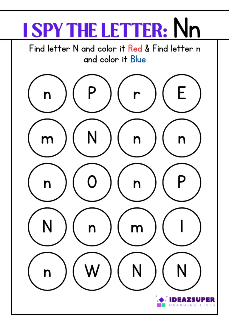 Letter N "I Spy" worksheet – find capital N and small n and colour them