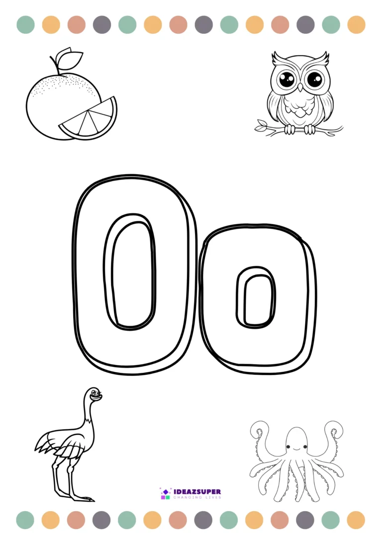 Letter O colouring page – colour the big Oo and pictures that begin with O