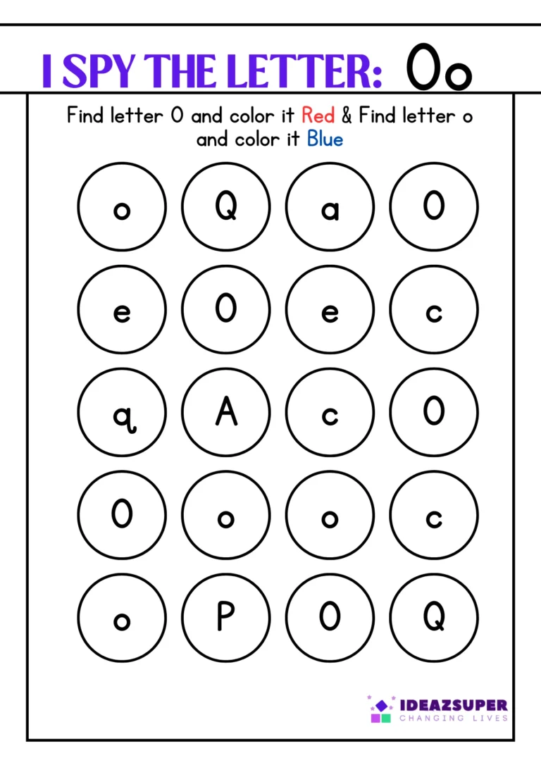 Letter O "I Spy" worksheet – find capital O and small o and colour them
