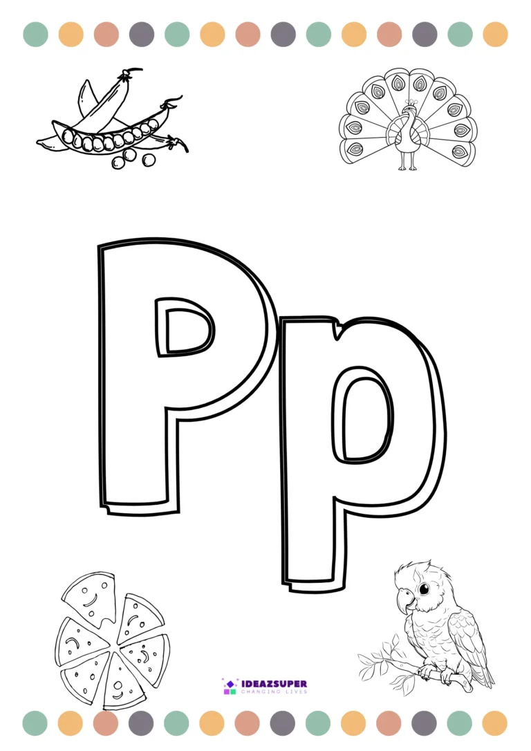 Letter P colouring page – colour the big Pp and pictures that begin with P