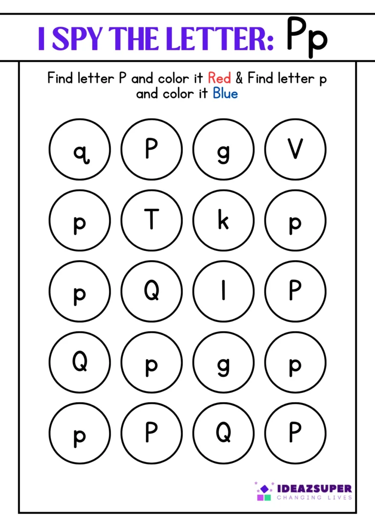 Letter P "I Spy" worksheet – find capital P and small p and colour them