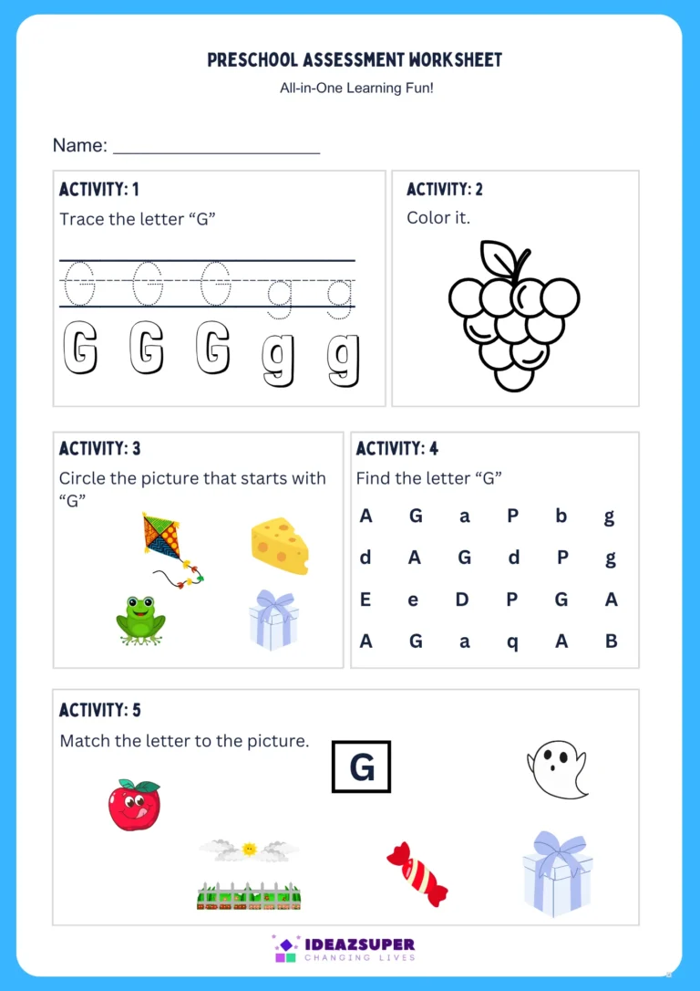 Letter G assessment worksheet – trace, colour, find, circle and match G