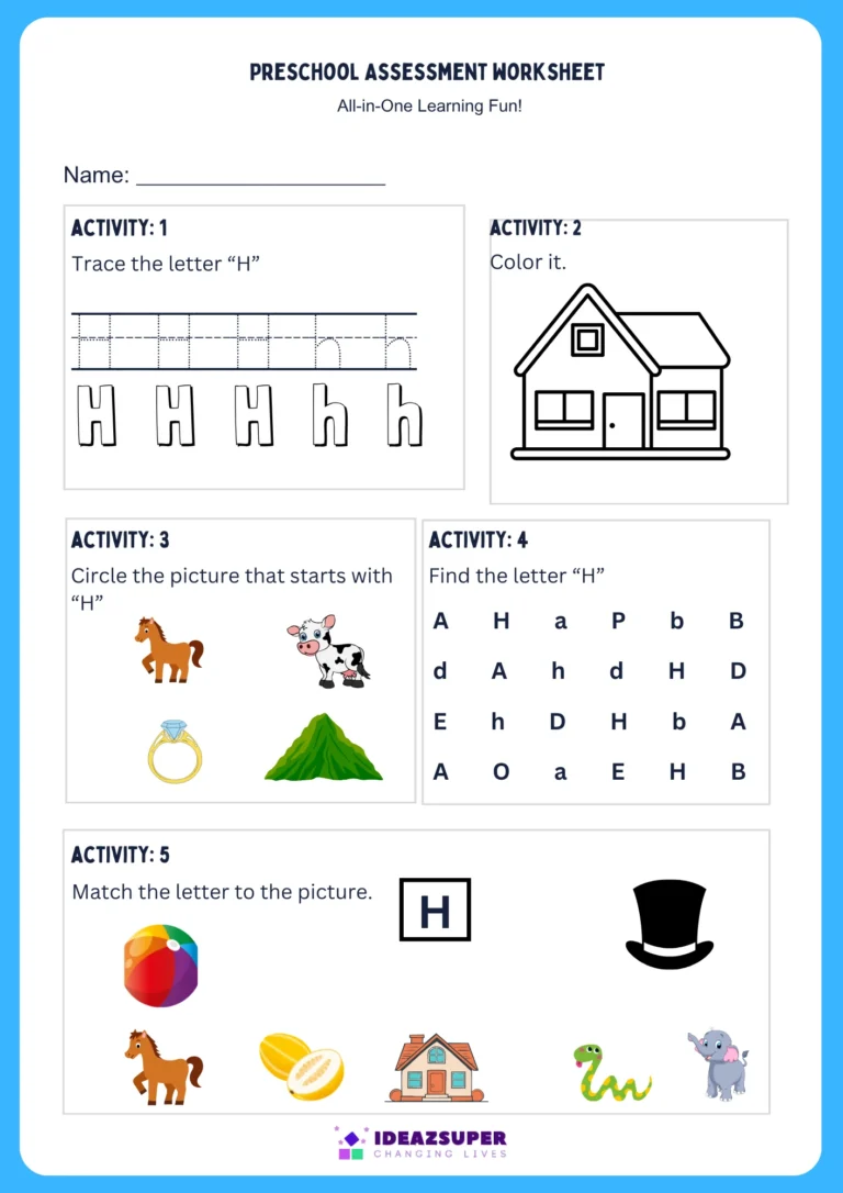 Letter H assessment worksheet – trace, colour, find, circle and match H