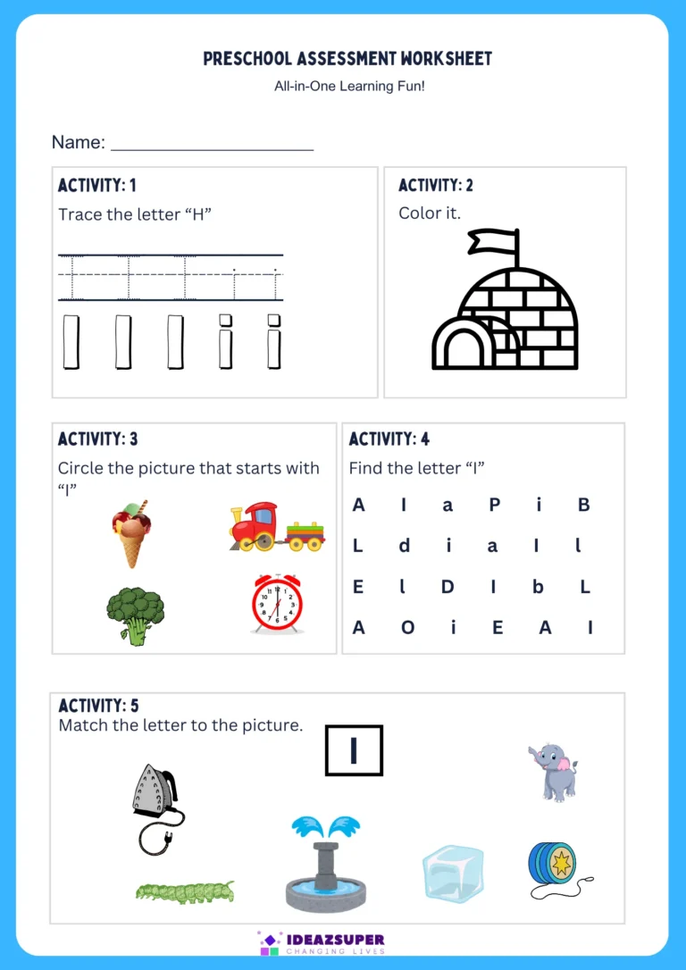 Letter I assessment worksheet – trace, colour, find, circle and match I