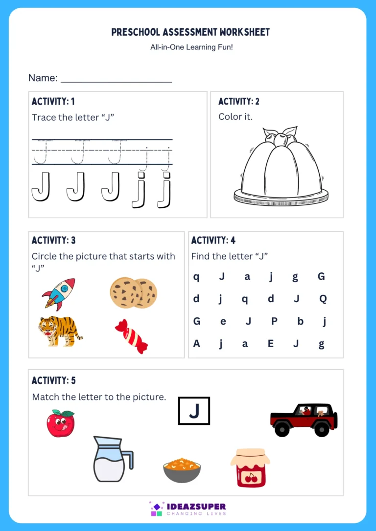Letter J assessment worksheet – trace, colour, find, circle and match J