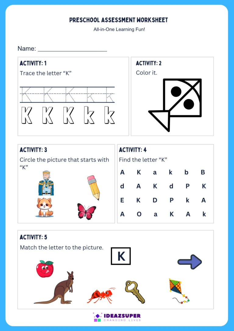 Letter K assessment worksheet – trace, colour, find, circle and match K