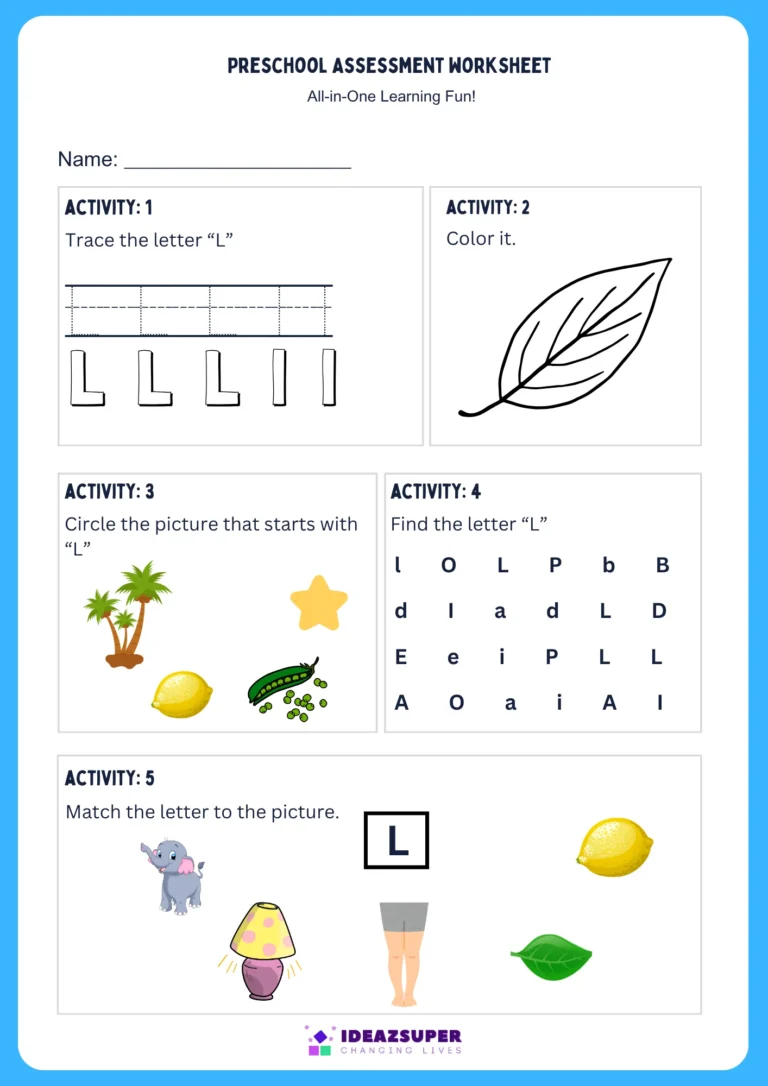 Letter L assessment worksheet – trace, colour, find, circle and match L