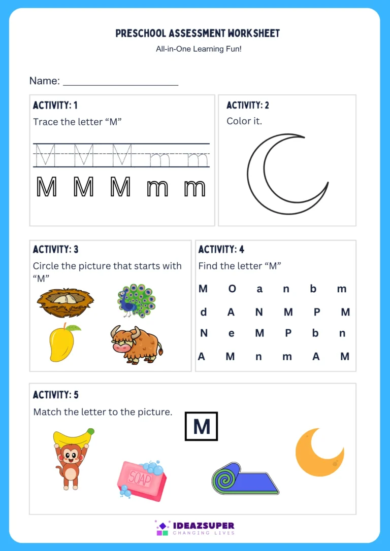 Letter M assessment worksheet – trace, colour, find, circle and match M