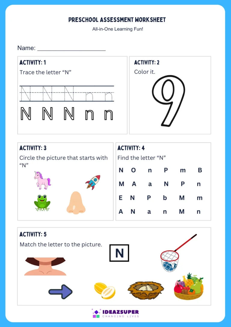 Letter N assessment worksheet – trace, colour, find, circle and match N