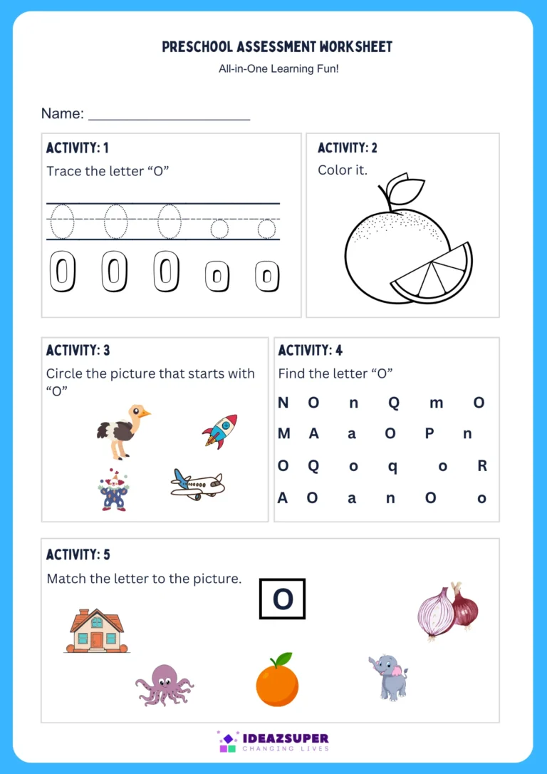 Letter O assessment worksheet – trace, colour, find, circle and match O