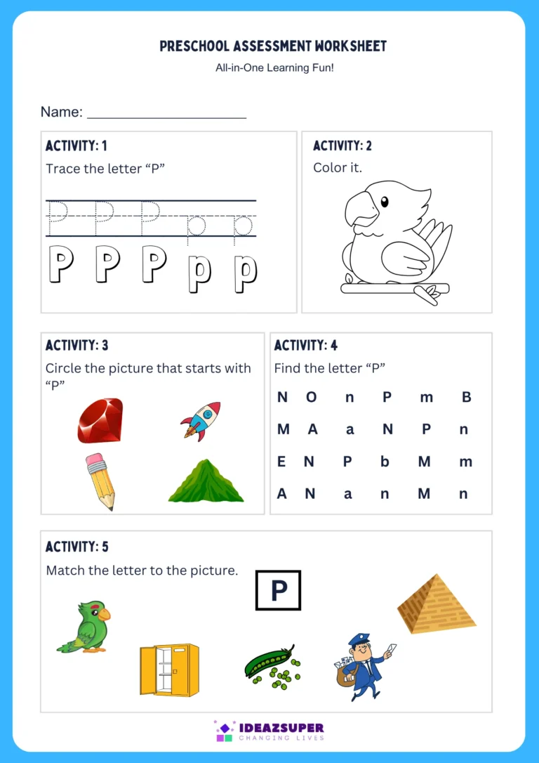 Letter P assessment worksheet – trace, colour, find, circle and match P