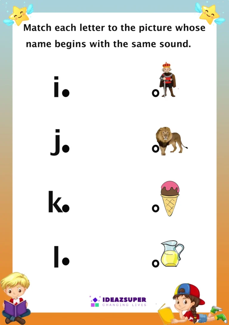 Beginning sounds worksheet – match small letters i–l to pictures that start with each sound