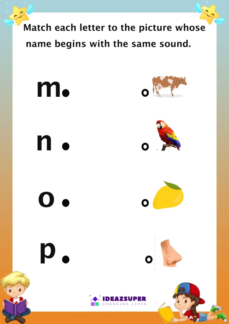 Beginning sounds worksheet – match small letters m–p to pictures that start with each sound
