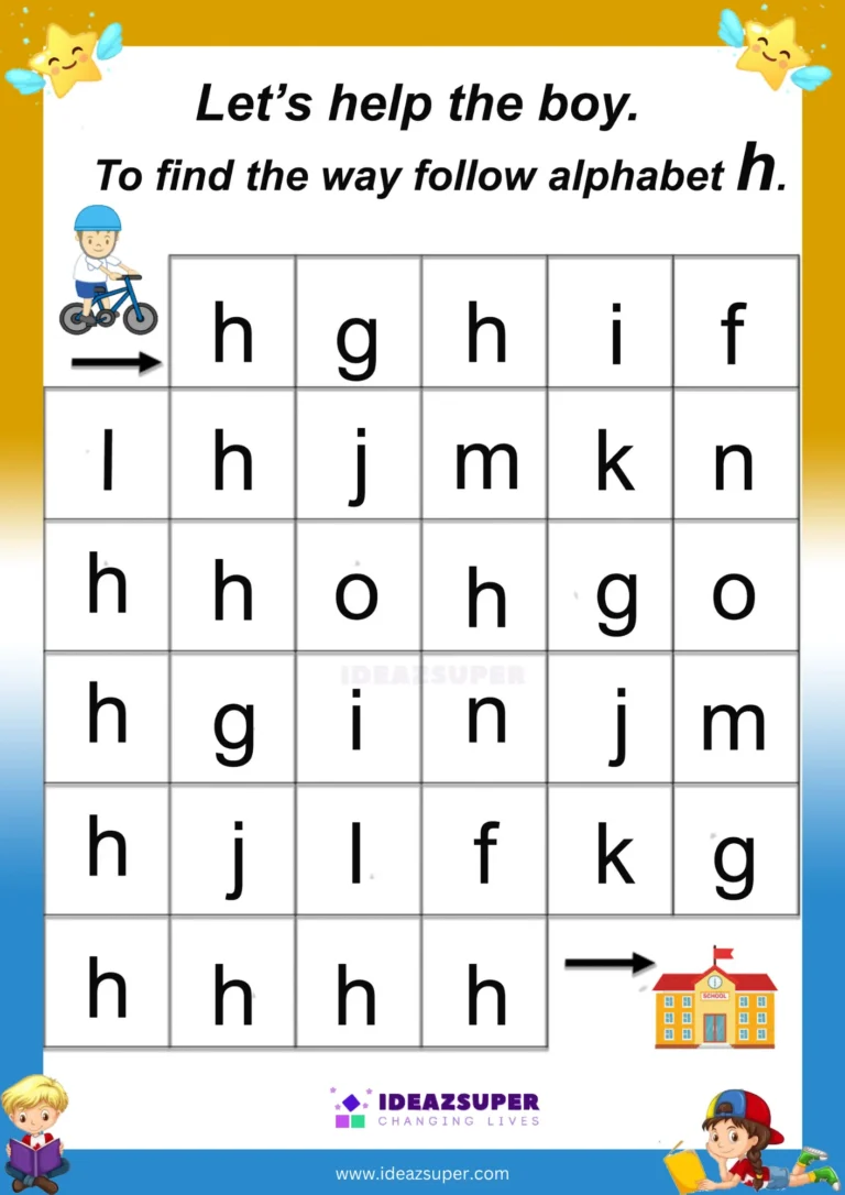 Small letter h maze worksheet – follow h to find the way