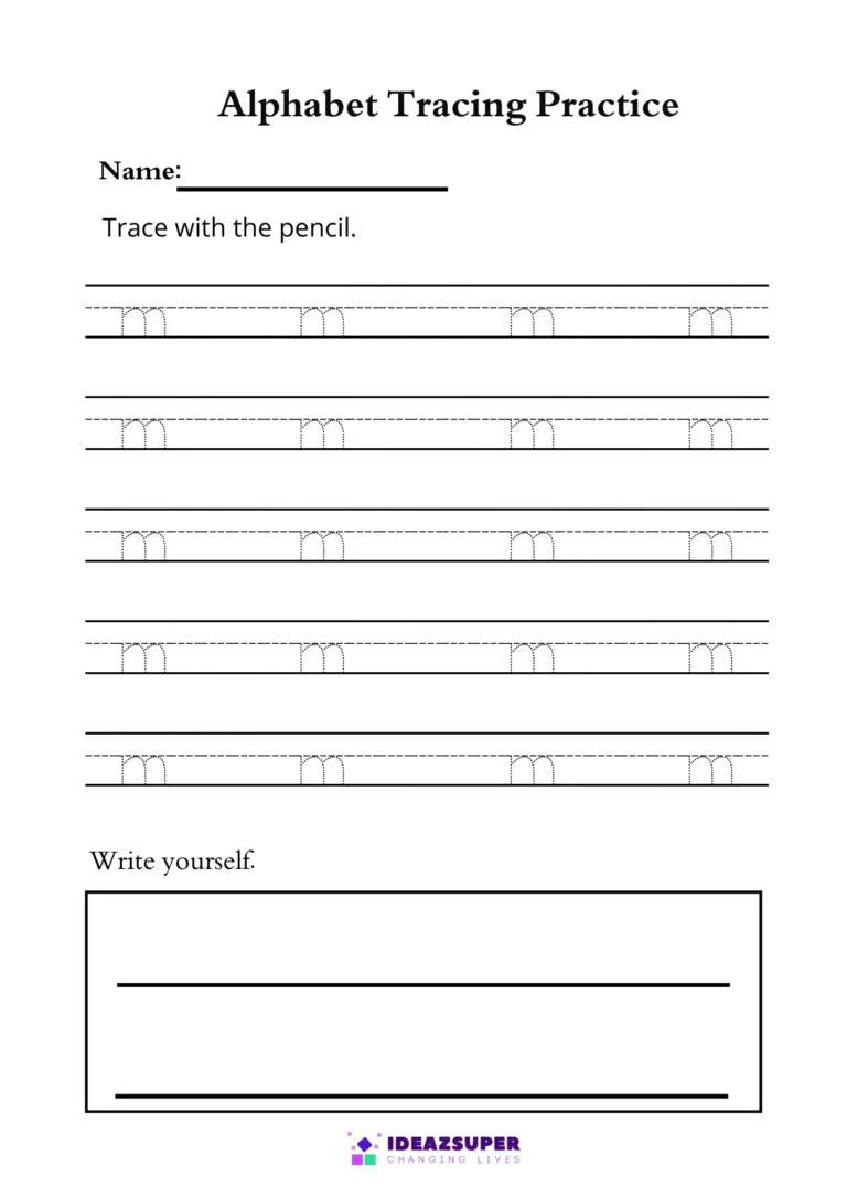 Small letter m tracing worksheet – trace m on the lines, then write it yourself