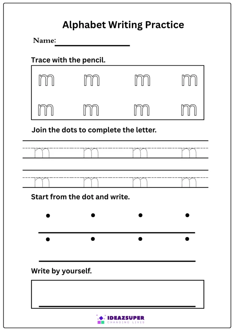 Small letter m writing practice – trace m, join the dots, then write it by yourself