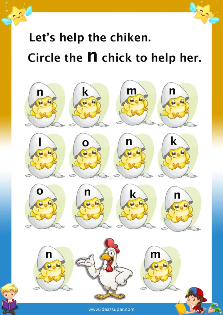 Small letter n identification worksheet – circle the pictures marked n