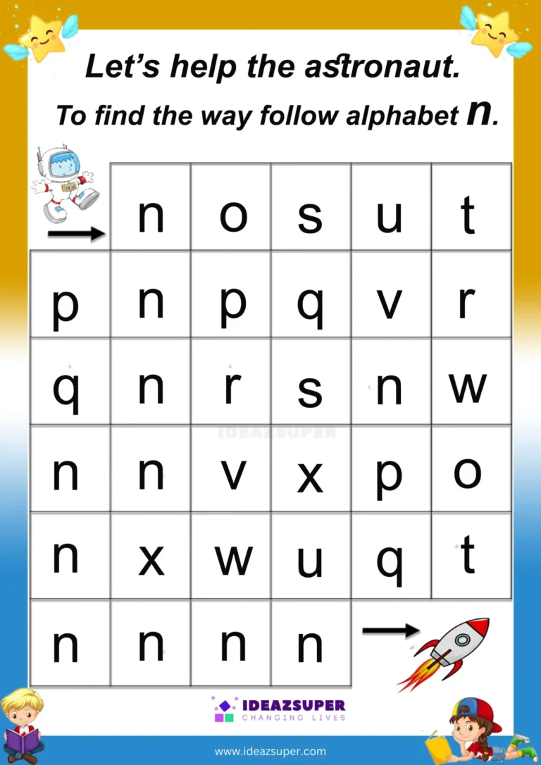 Small letter n maze worksheet – follow n to find the way